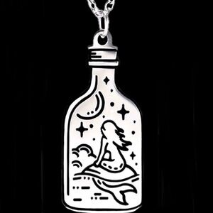 “Mermaid in a Bottle” Pensive Sea Creature Night Sky Ocean Waves Steel Necklace